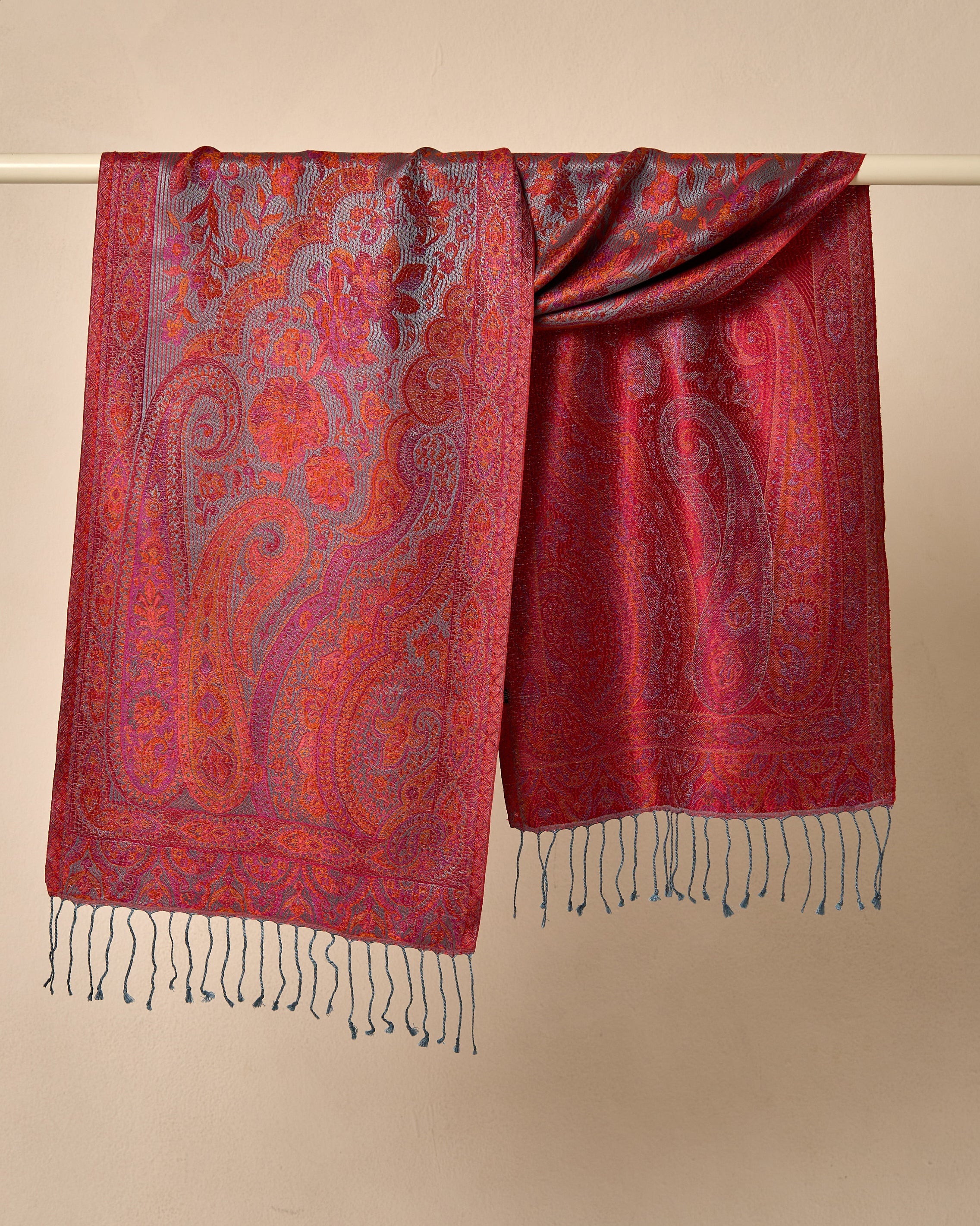 Crimson Blossom Silk Jacquard Shawl