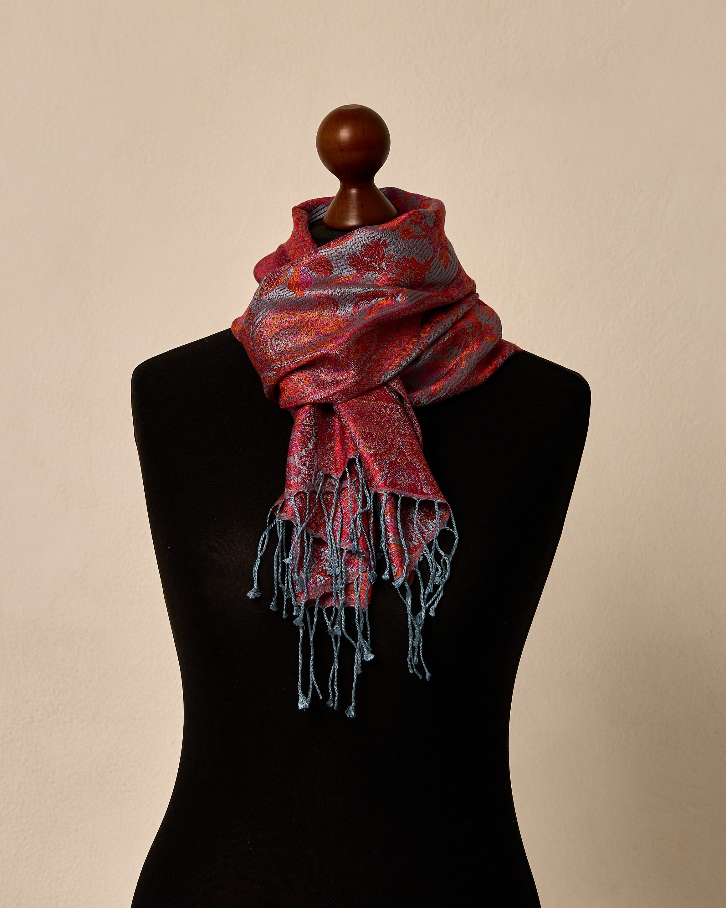 Crimson Blossom Silk Jacquard Shawl