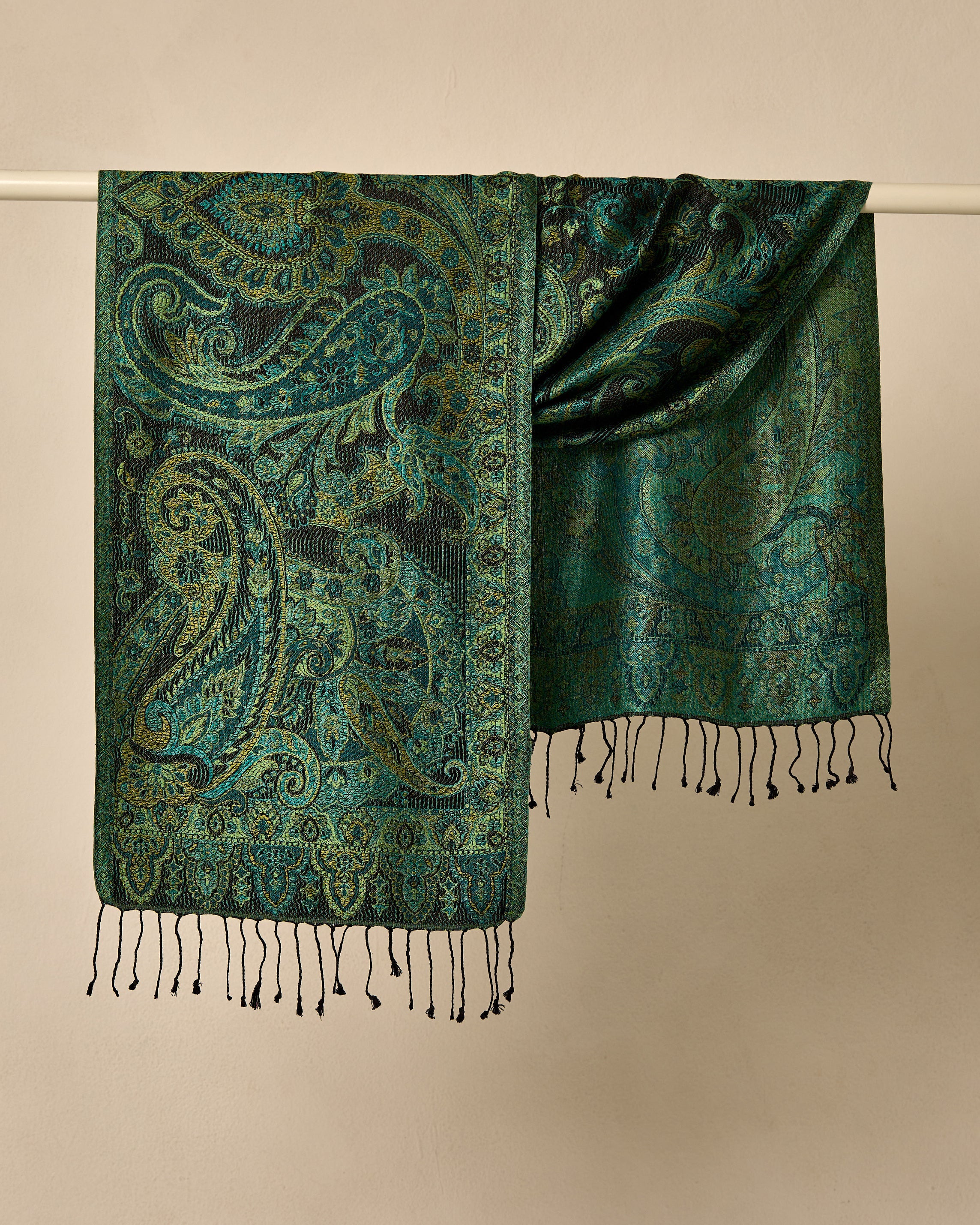 Emerald Nocturne Silk Jacquard Shawl