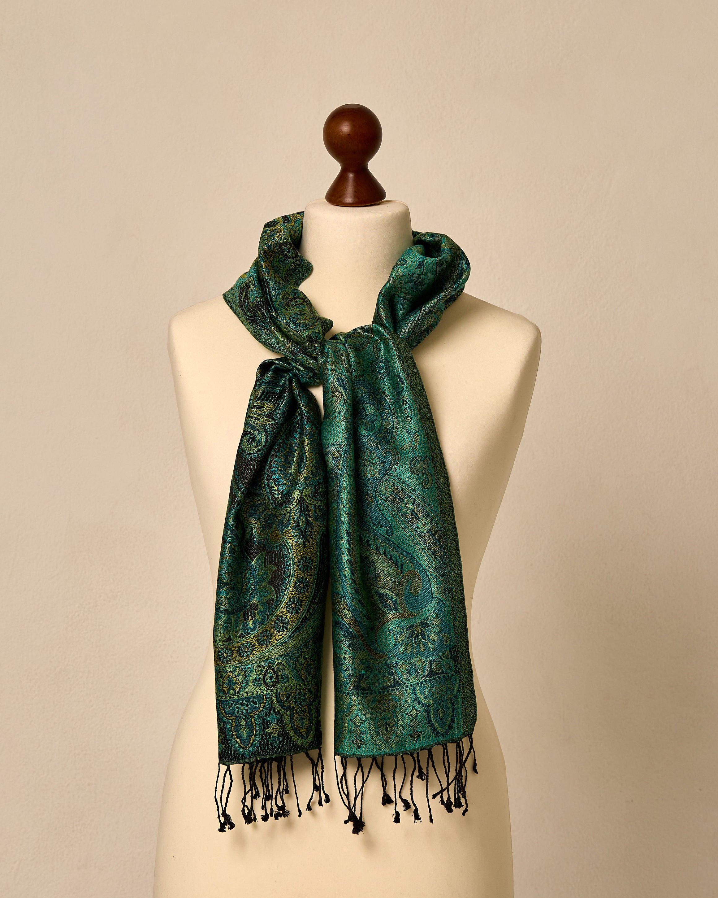 Emerald Nocturne Silk Jacquard Shawl