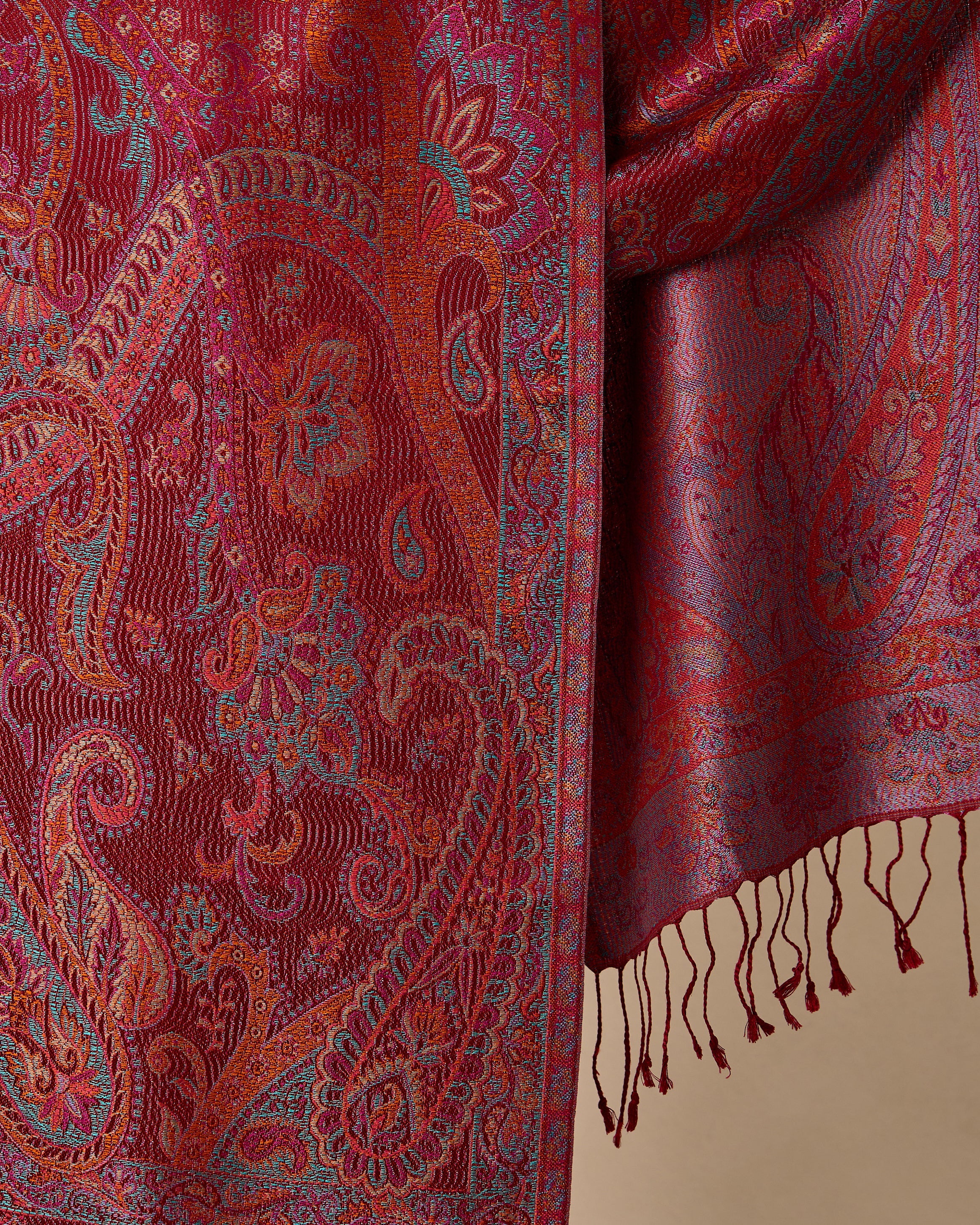 Royal Crimson Silk Jacquard Shawl