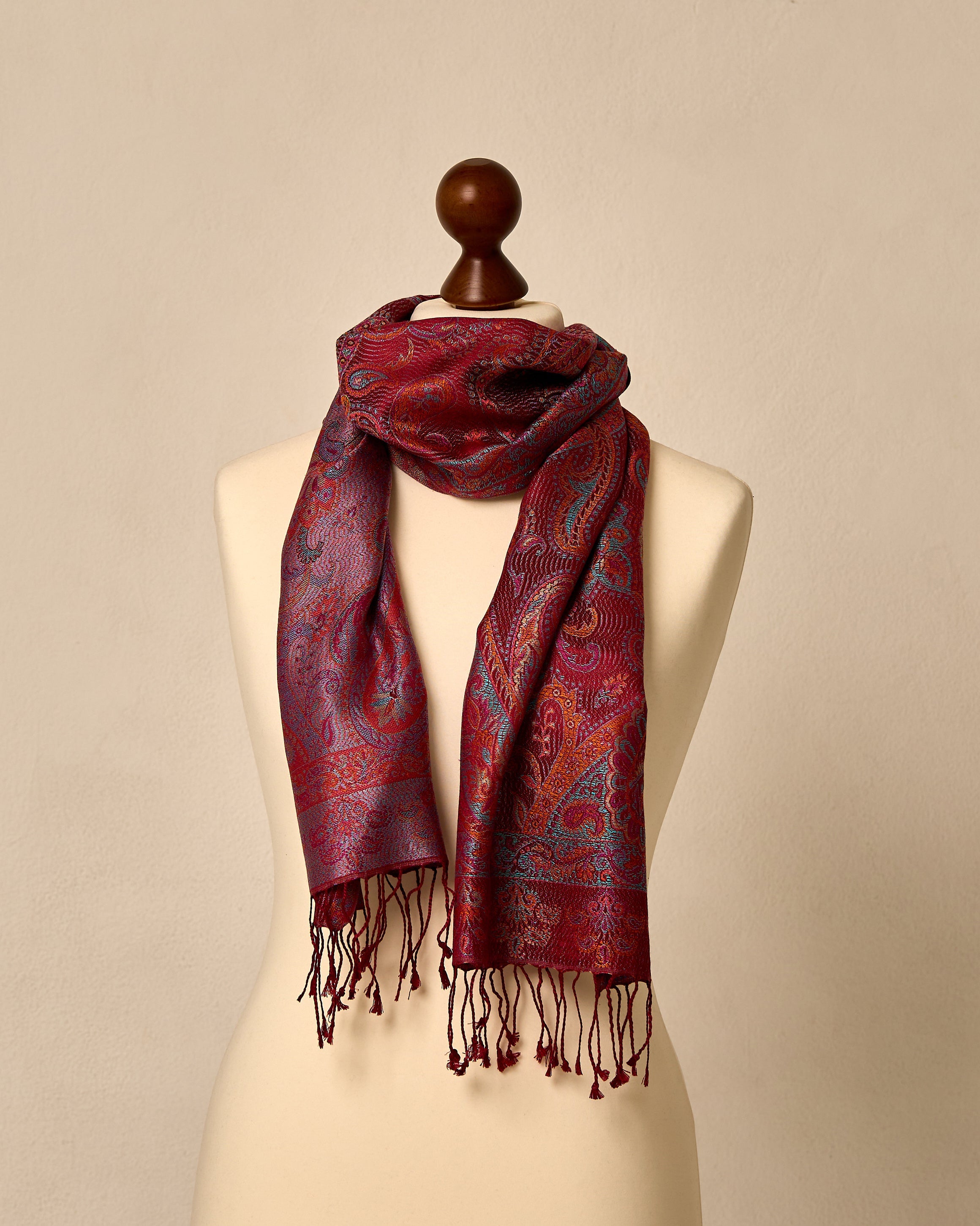 Royal Crimson Silk Jacquard Shawl